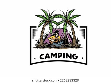 Illustration design of a man with guitar in front of tent between coconut trees