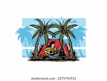 Illustration design of a man with guitar in front of tent between coconut trees