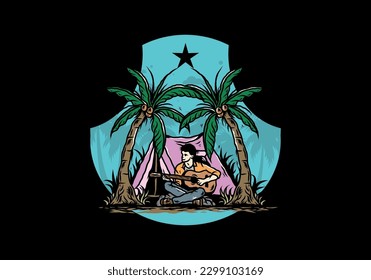 Illustration design of a man with guitar in front of tent between coconut trees