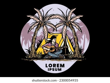 Illustration design of a man with guitar in front of tent between coconut trees