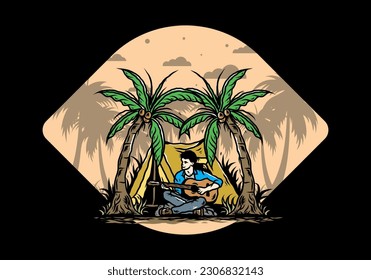 Illustration design of a man with guitar in front of tent between coconut trees