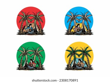 Illustration design of a man with guitar in front of tent between coconut trees