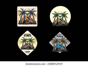 Illustration design of a man with guitar in front of tent between coconut trees