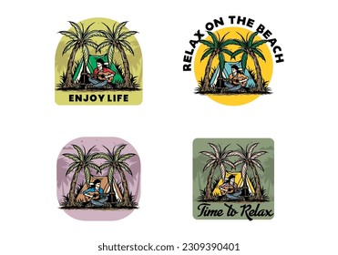 Illustration design of a man with guitar in front of tent between coconut trees