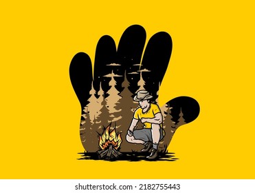 Illustration design of a man is lighting a bonfire