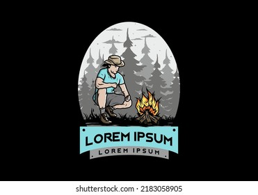 Illustration design of a man is lighting a bonfire
