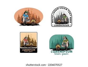 Illustration design of a man is lighting a bonfire