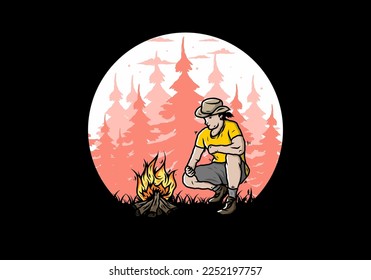 Illustration design of a man is lighting a bonfire
