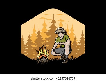 Illustration design of a man is lighting a bonfire