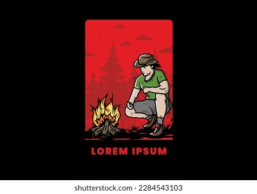 Illustration design of a man is lighting a bonfire