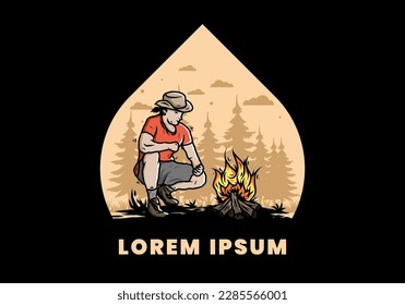 Illustration design of a man is lighting a bonfire