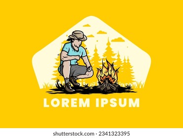 Illustration design of a man is lighting a bonfire