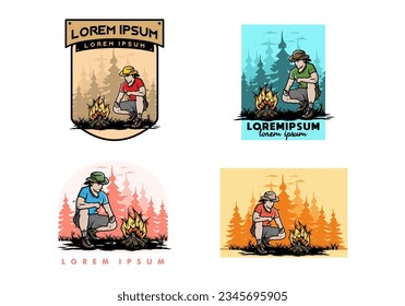 Illustration design of a man is lighting a bonfire