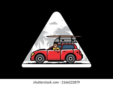 illustration design of a man riding a car for vacation