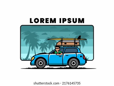 illustration design of a man riding a car for vacation