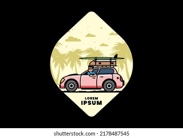 illustration design of a man riding a car for vacation