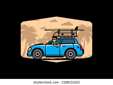 illustration design of a man riding a car for vacation