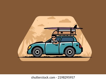 illustration design of a man riding a car for vacation