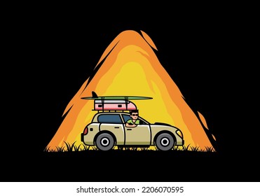 illustration design of a man riding a car for vacation