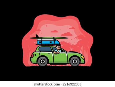 illustration design of a man riding a car for vacation