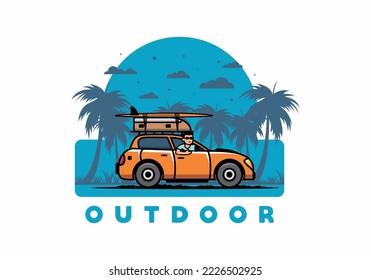 illustration design of a man riding a car for vacation