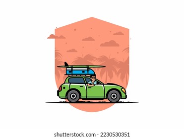 illustration design of a man riding a car for vacation