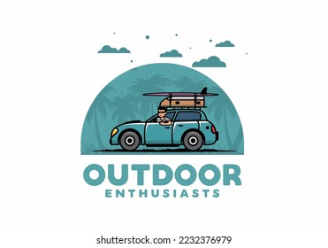 illustration design of a man riding a car for vacation