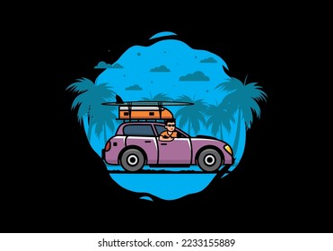 illustration design of a man riding a car for vacation