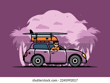 illustration design of a man riding a car for vacation