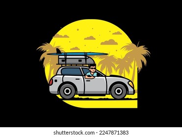 illustration design of a man riding a car for vacation