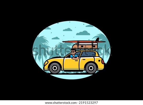 illustration\
design of a man riding a car for\
vacation