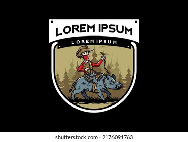 Illustration design of a Man riding a wild boar