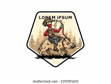 Illustration design of a Man riding a wild boar