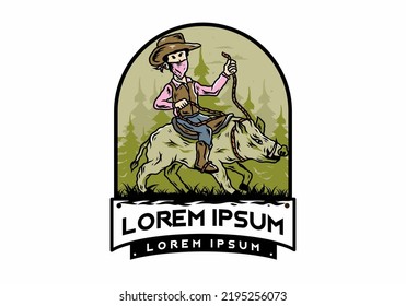 Illustration design of a Man riding a wild boar