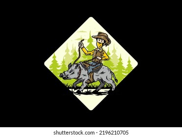 Illustration design of a Man riding a wild boar