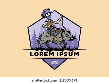 Illustration design of a Man riding a wild boar