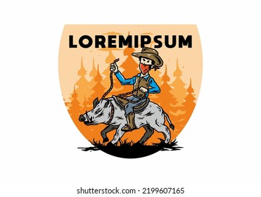 Illustration design of a Man riding a wild boar