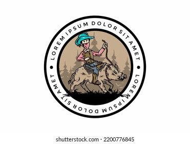 Illustration design of a Man riding a wild boar