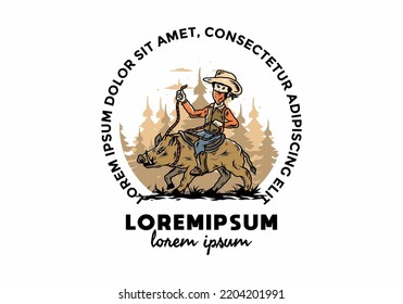 Illustration design of a Man riding a wild boar