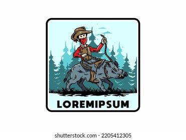 Illustration design of a Man riding a wild boar