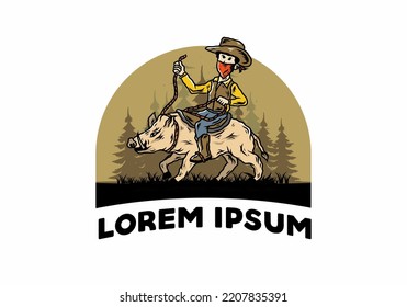 Illustration design of a Man riding a wild boar