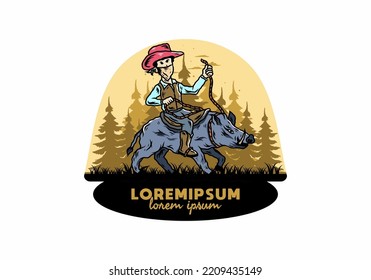 Illustration design of a Man riding a wild boar