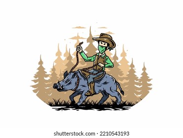 Illustration design of a Man riding a wild boar