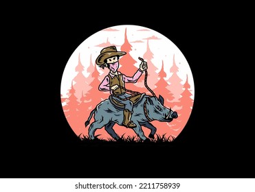 Illustration design of a Man riding a wild boar