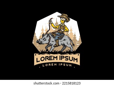 Illustration design of a Man riding a wild boar