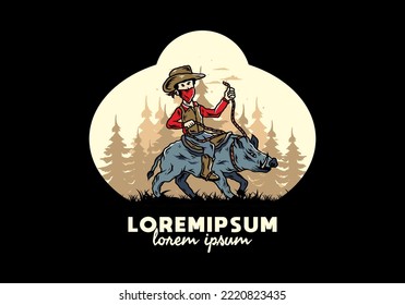 Illustration design of a Man riding a wild boar