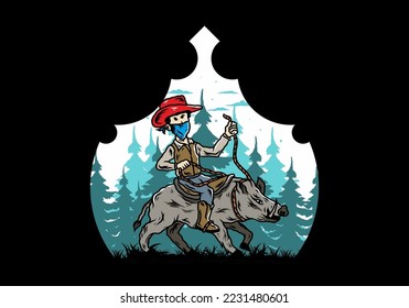 Illustration design of a Man riding a wild boar