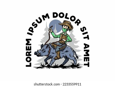 Illustration design of a Man riding a wild boar