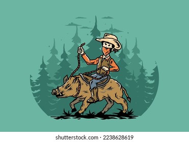 Illustration design of a Man riding a wild boar