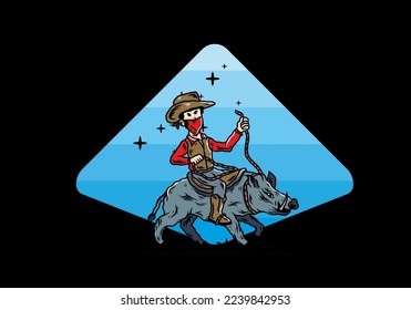 Illustration design of a Man riding a wild boar